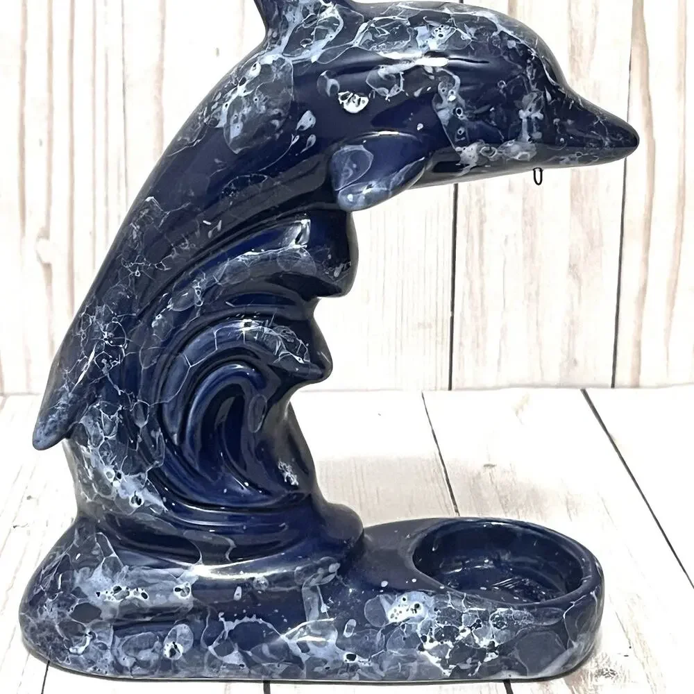Vintage Ceramic Dolphin Figurine Oil Diffuser Candle Holder Blue Marble Finish